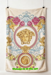 Versace Gold Medusa Floral Print Flannel Throw Blanket Luxury Pink Blue Baroque Patterned Sofa Cover Blanket IMG_1342